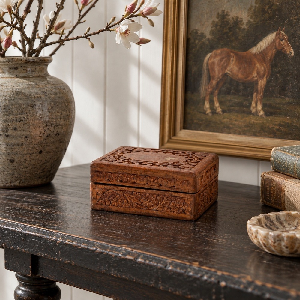Vintage Carved Wood Trinket Box, Floral Jewelry and Keepsake Storage